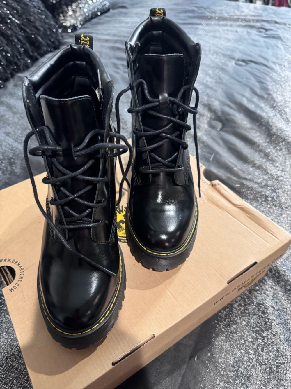 Dr. Martens Black Leather Lace-Up Platform Ankle Boots with Yellow Stitching - Picture 2 of 7